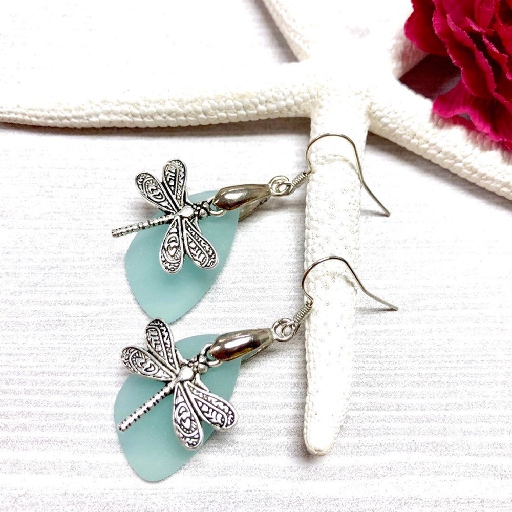 Dragonfly Earrings, Sea Glass, Butterfly, Insect - Picture 5 of 9
